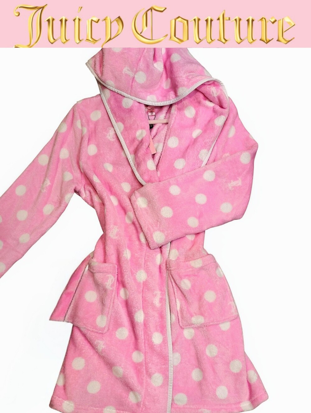 Juicy Couture Polka Dot JC Logo Hooded Plush Robe- Candy